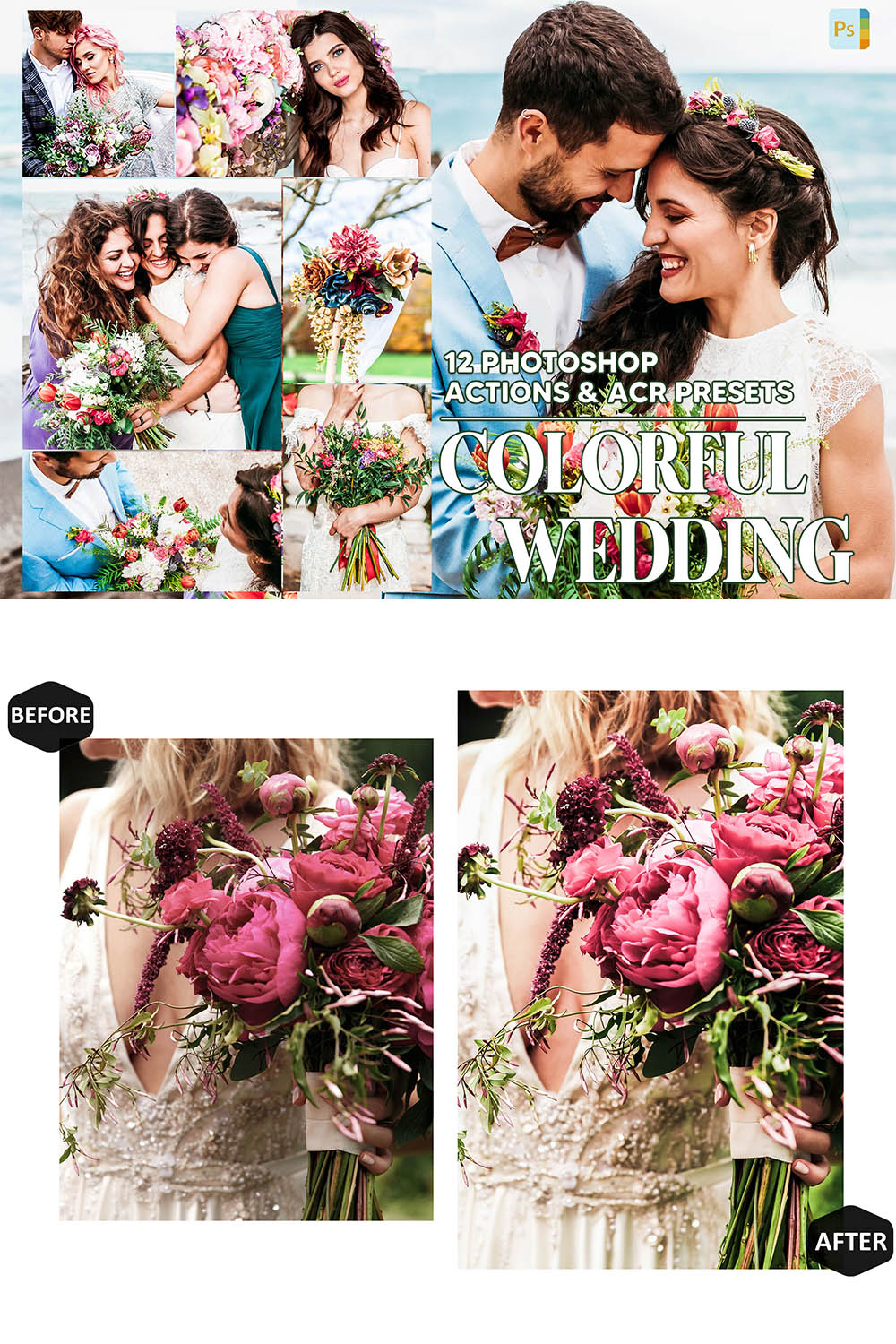 12 Photoshop Actions, Colorful Wedding Ps Action, Vibrant ACR Preset, Bright Ps Filter, Atn Portrait And Lifestyle Theme For Instagram, Blogger pinterest preview image.