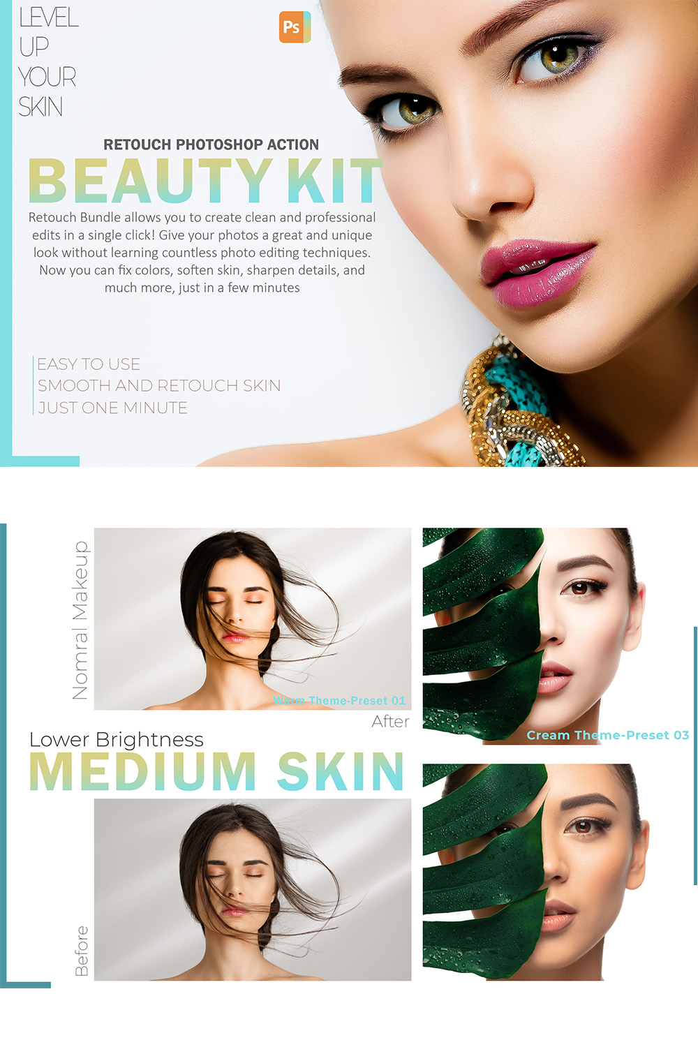 16 Photoshop Actions, Beauty Kit Ps Action, Perfect Skin ACR Preset, Makeup Ps Filter, Atn Portrait And Lifestyle Theme For Instagram, Blogger pinterest preview image.