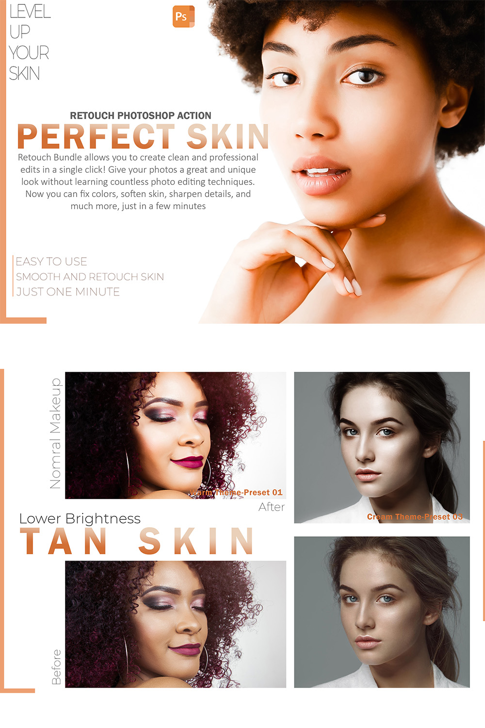 16 Photoshop Actions, Perfect Skin Ps Action, Makeup ACR Preset, Retouch Ps Filter, Atn Portrait And Lifestyle Theme For Instagram, Blogger pinterest preview image.