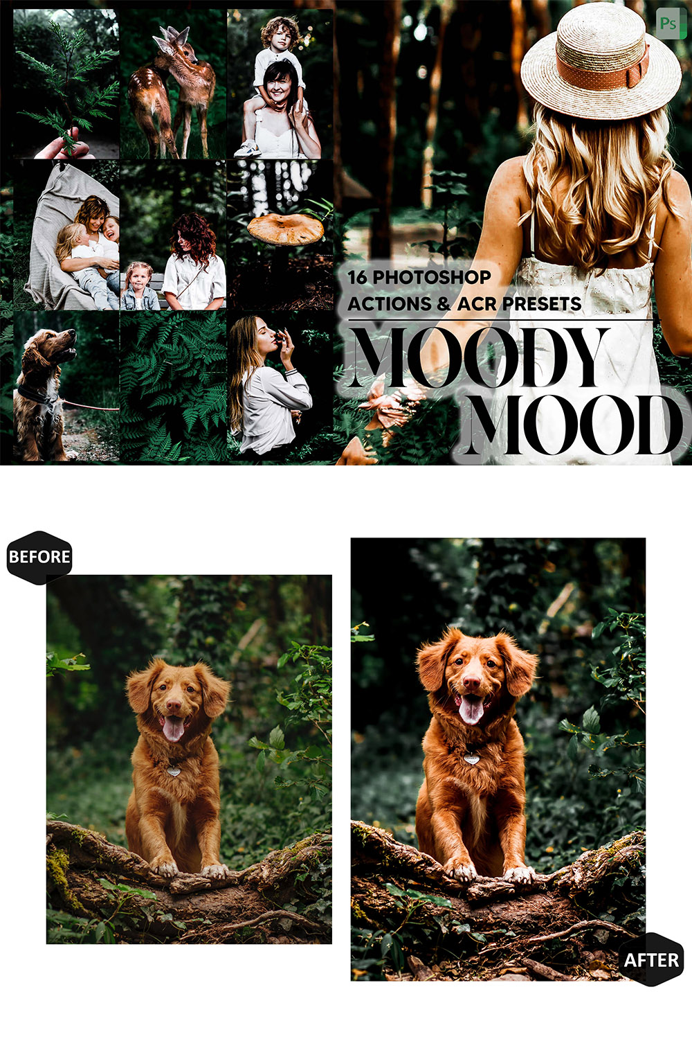 16 Photoshop Actions, Moody Mood Ps Action, Tropical ACR Preset, Dark Ps Filter, Atn Portrait And Lifestyle Theme For Instagram, Blogger pinterest preview image.