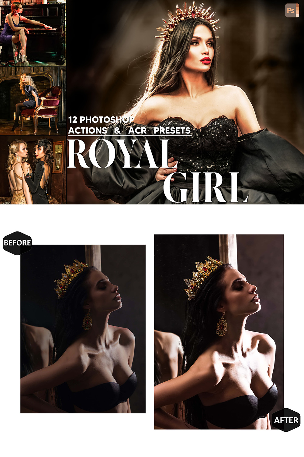 12 Photoshop Actions, Royal Girl Ps Action, Moody ACR Preset, Cool Dark Ps Filter, Atn Pictures And style Theme For Instagram, Blogger pinterest preview image.