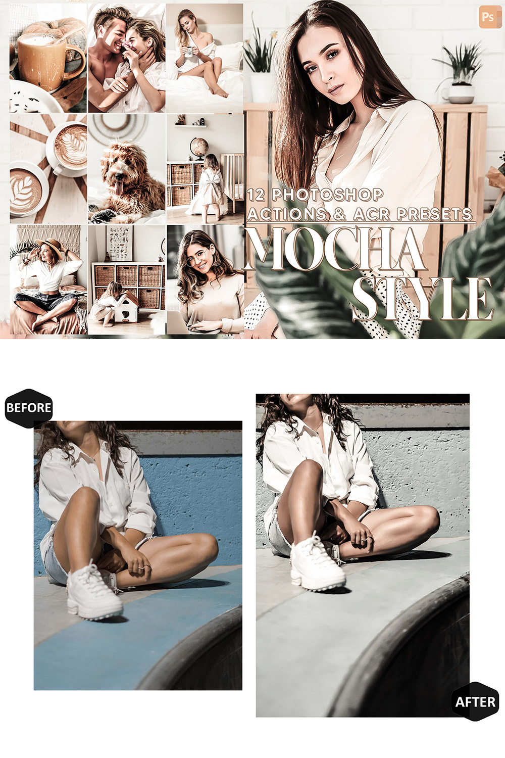 12 Photoshop Actions, Mocha Style Ps Action, Brown ACR Preset, Chocolate Ps Filter, Atn Portrait And Lifestyle Theme For Instagram, Blogger pinterest preview image.