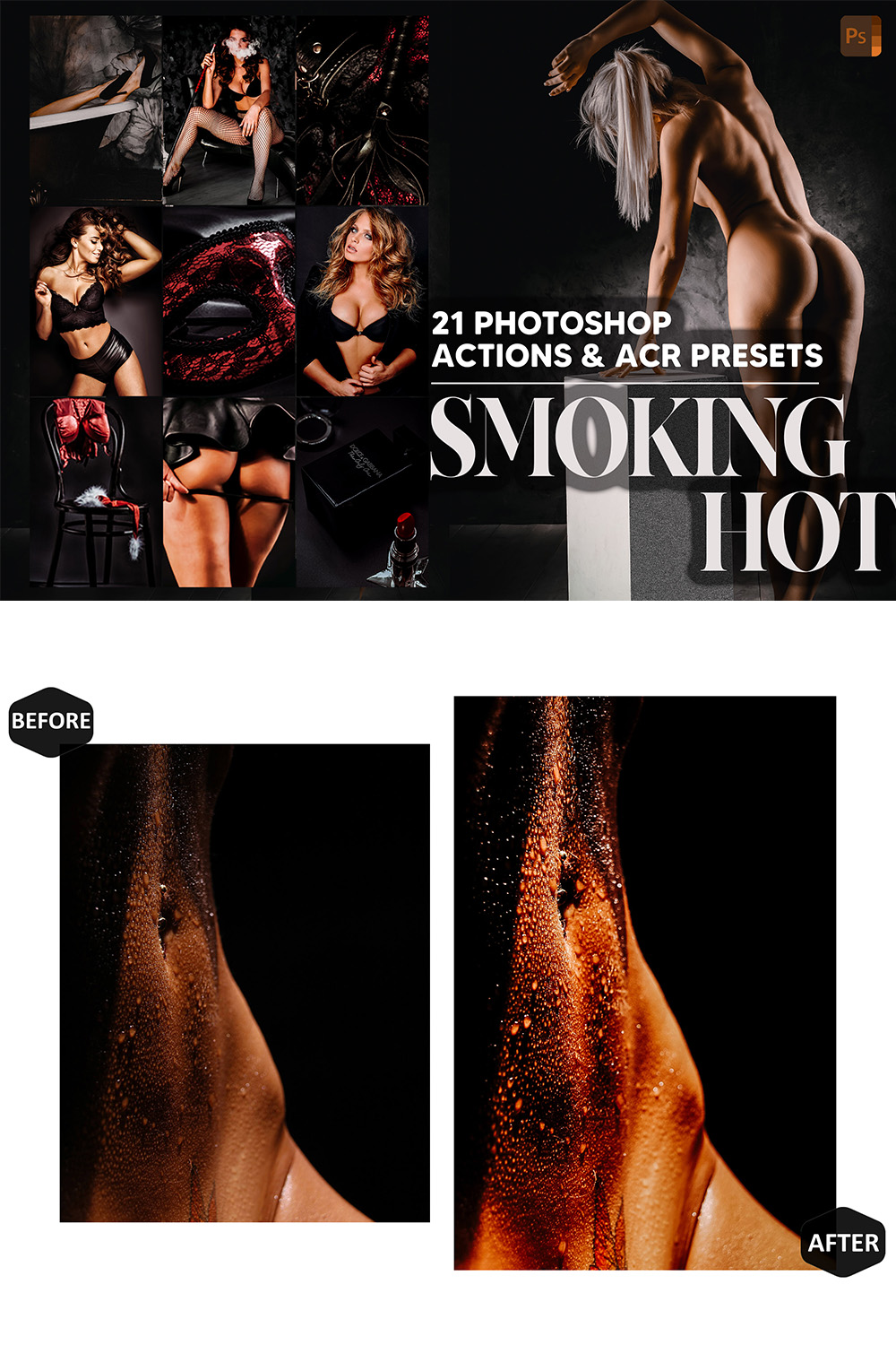 21 Photoshop Actions, Smoking Hot Ps Action, Sexy Sensual ACR Preset, Boudoir Ps Filter, Atn Portrait And Lifestyle Theme Instagram, Blogger pinterest preview image.