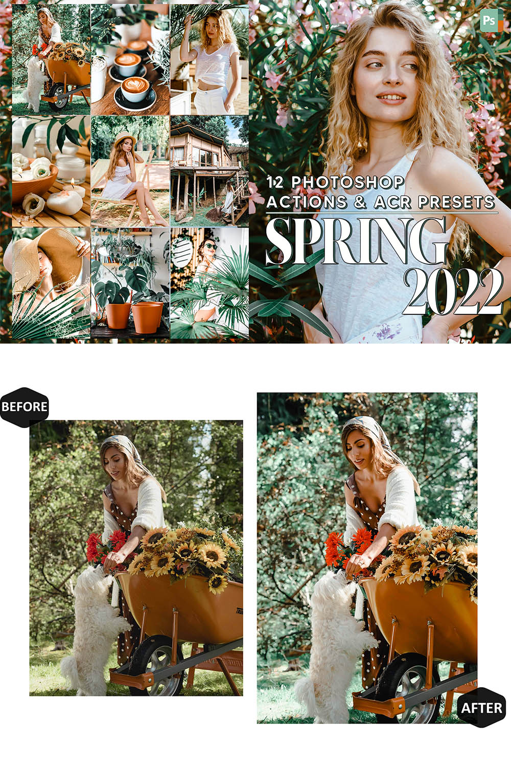 12 Spring 2022, Brown Ps Action, Warm Skin ACR Preset, Bright Ps Filter, Landscape Portrait And Lifestyle Theme For Instagram, Blogger pinterest preview image.