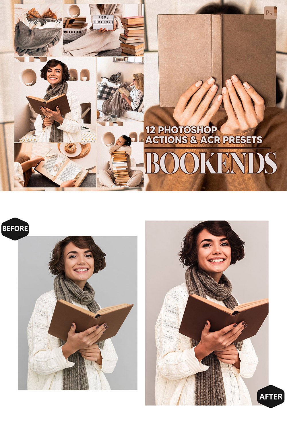 12 Photoshop Actions, Bookends Ps Action, Vintage ACR Preset, Letter Ps Filter, Atn Portrait And Lifestyle Theme For Instagram, Blogger pinterest preview image.