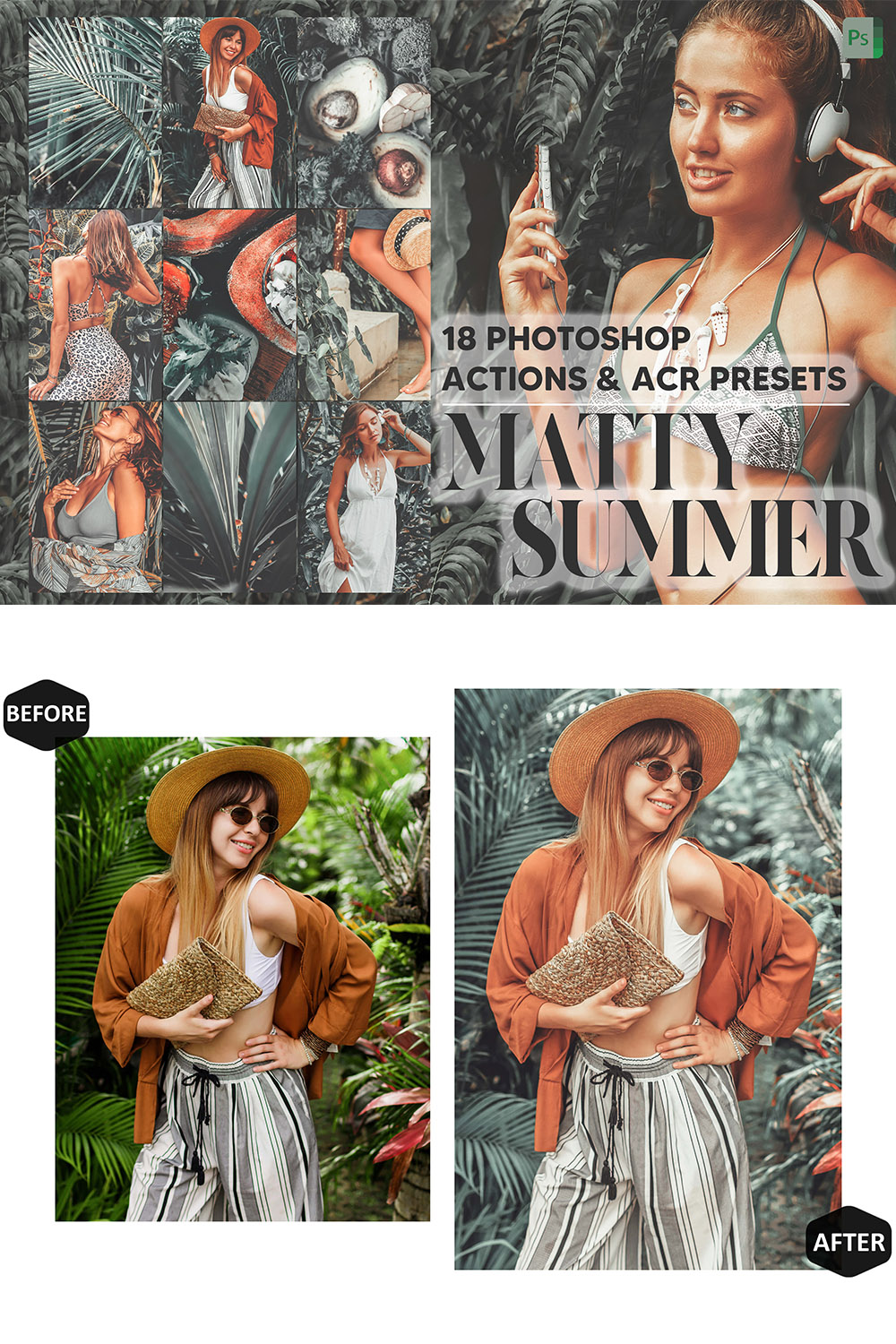 18 Photoshop Actions, Matty Summer Ps Action, Avocado ACR Preset, Tropical Ps Filter, Atn Portrait And Lifestyle Theme Instagram, Blogger pinterest preview image.