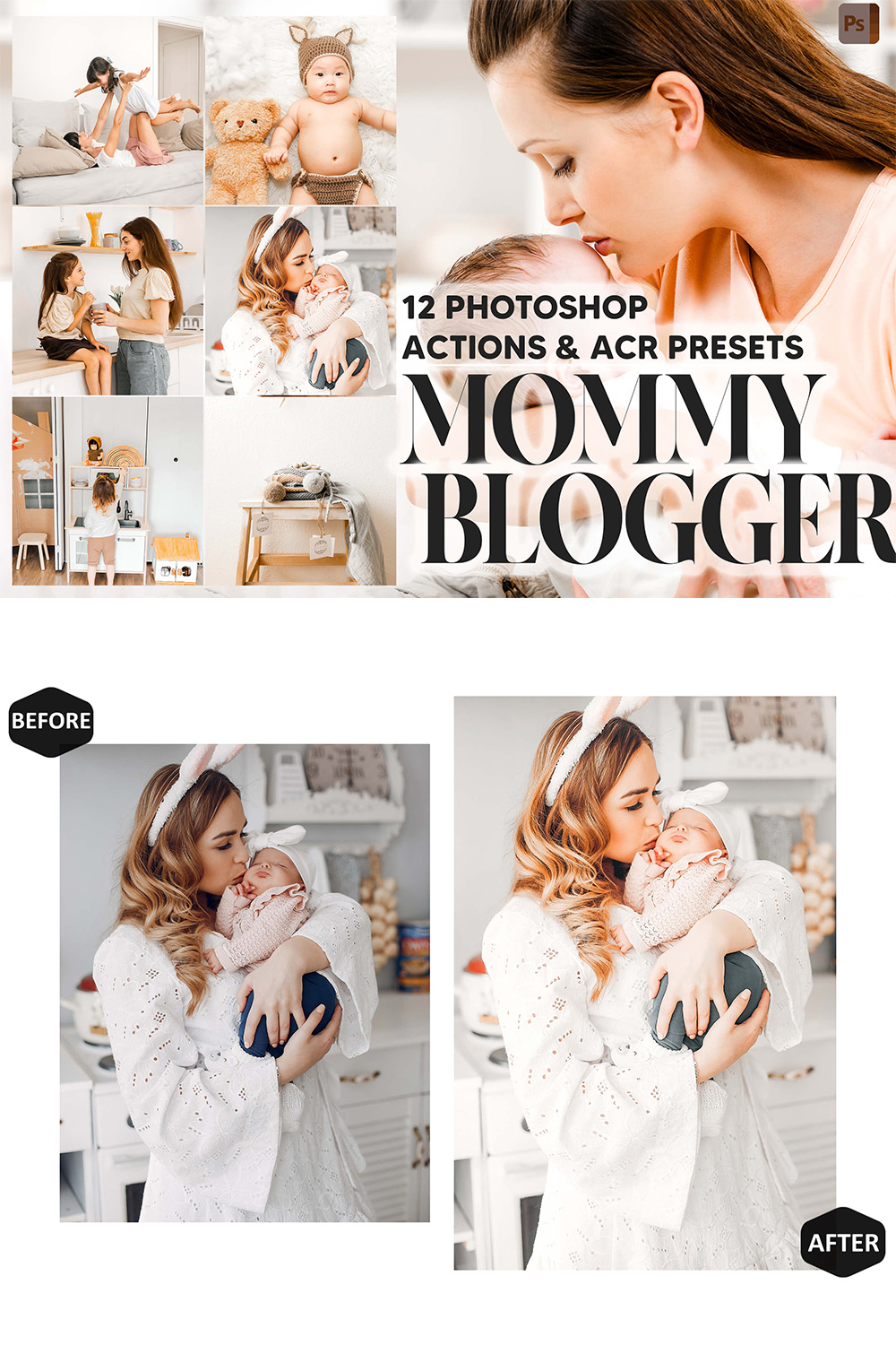 12 Photoshop Actions, Mommy Blogger Ps Action, Motherhood ACR Preset, Mother Kids Ps Filter, Atn Portrait And Lifestyle Theme For Instagram pinterest preview image.