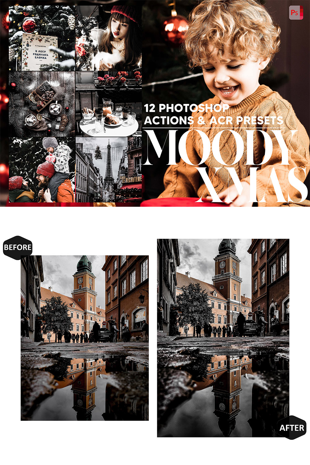 12 Photoshop Actions, Moody Xmas Ps Action, Christmas ACR Preset, Holiday Ps Filter, Atn Portrait And Lifestyle Theme For Instagram, Blogger pinterest preview image.