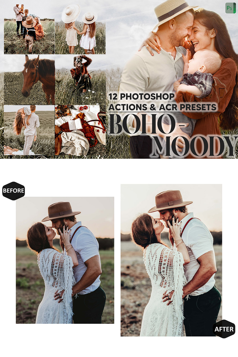 12 Photoshop Actions, Boho-Moody Ps Action, Rustic ACR Preset, Bohemian Ps Filter, Atn Portrait And Lifestyle Theme Instagram, Blogger pinterest preview image.
