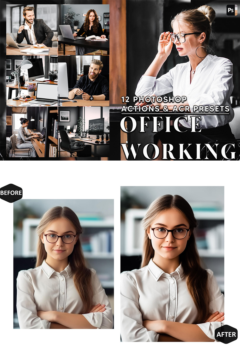 12 Photoshop Actions, Office Working Ps Action, Business ACR Preset, Corporate Ps Filter, Atn Portrait And Lifestyle Theme For Instagram, Blogger pinterest preview image.
