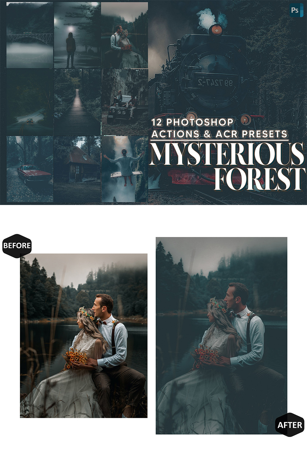 12 Photoshop Actions, Mysterious Forest Ps Action, Halloween ACR Preset, Cloudy Ps Filter, Atn Portrait And Lifestyle Theme For Instagram, Blogger pinterest preview image.