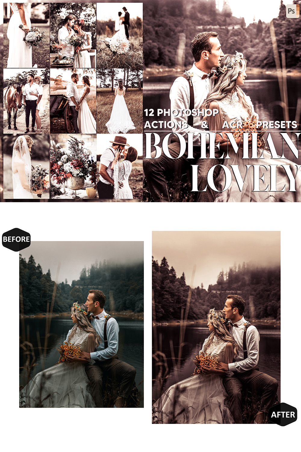 12 Photoshop Actions, Bohemian Lovely Ps Action, Bright ACR Preset, Cool Dark Ps Filter, Boho Pictures And style Theme For Instagram, Blogger pinterest preview image.