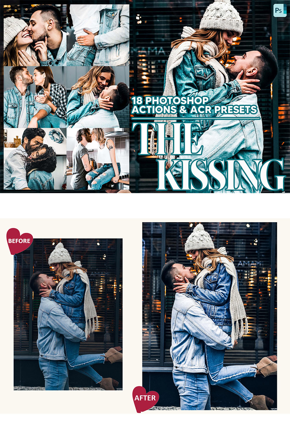 18 Photoshop Actions, The Kissing Ps Action, Romantic ACR Preset, Love Ps Filter, Atn Portrait And Lifestyle Theme For Instagram, Blogger pinterest preview image.