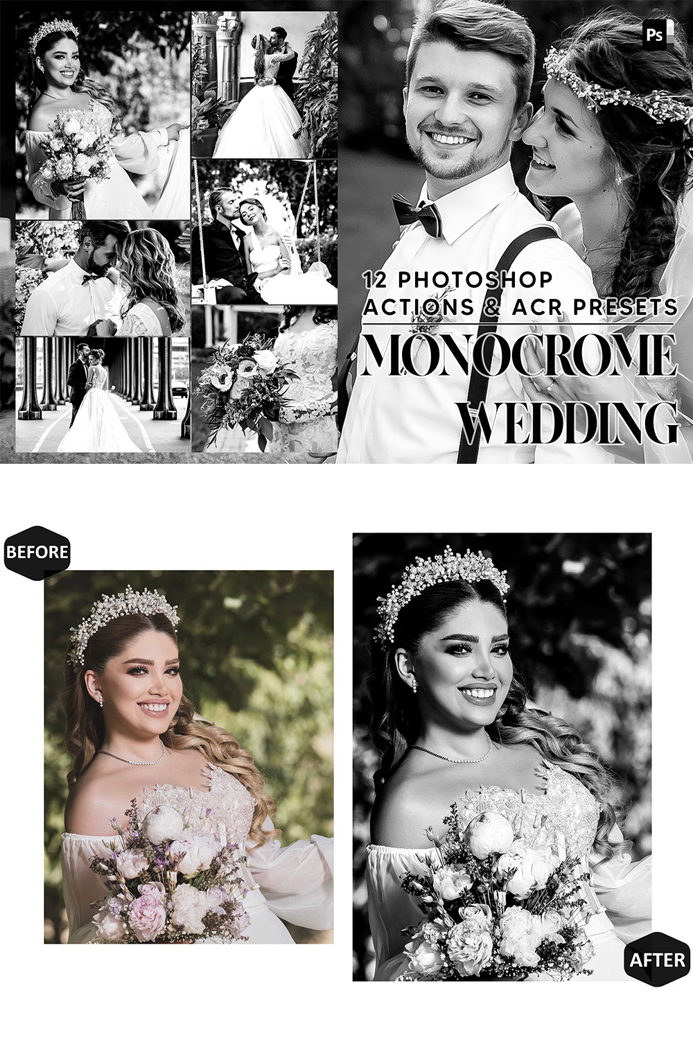 12 Photoshop Actions, Monochrome Wedding Ps Action, Black And White ACR Preset, Romantic Ps Filter, Portrait And Lifestyle Theme For Instagram, Blogger pinterest preview image.