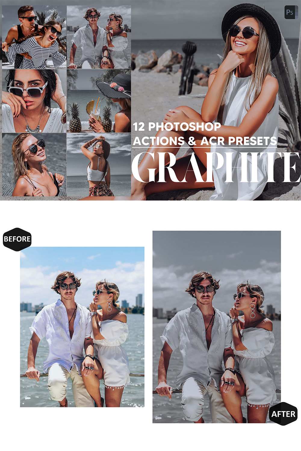 12 Photoshop Actions, Graphite Ps Action, Smooky Gray ACR Preset, Grey Ps Filter, Atn Portrait And Lifestyle Theme For Instagram, Blogger pinterest preview image.