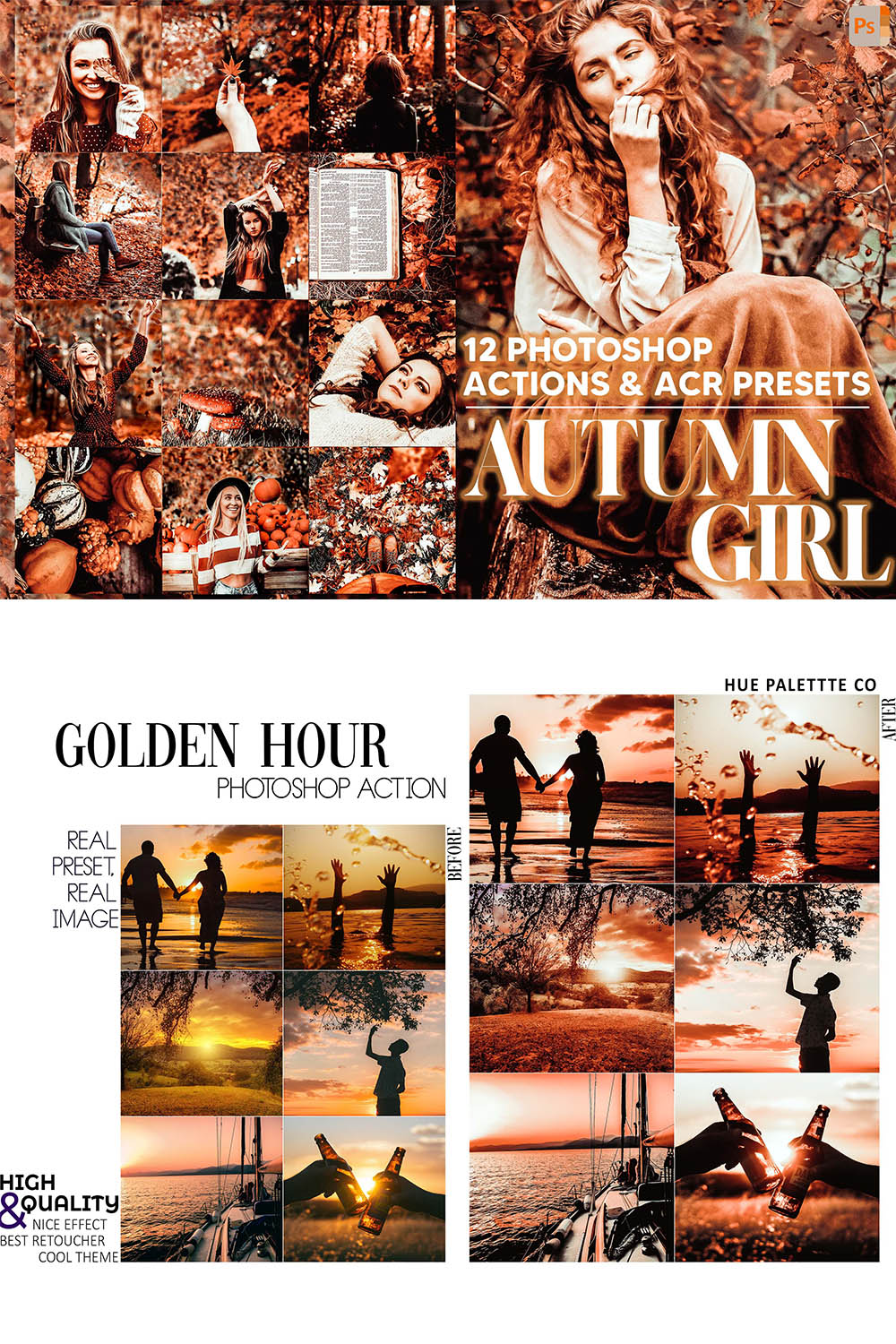 12 Photoshop Actions, Autumn Girl Ps Action, Moody ACR Preset, Fall Ps Filter, Atn Portrait And Lifestyle Theme For Instagram, Blogger pinterest preview image.