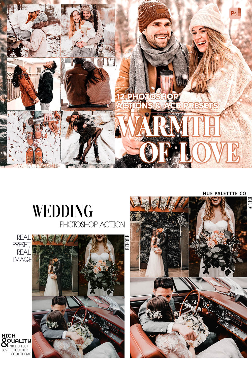 12 Photoshop Actions, Warmth Of Love Ps Action, Romance ACR Preset, Winter Ps Filter, Atn Portrait And Lifestyle Theme For Instagram, Blogger pinterest preview image.