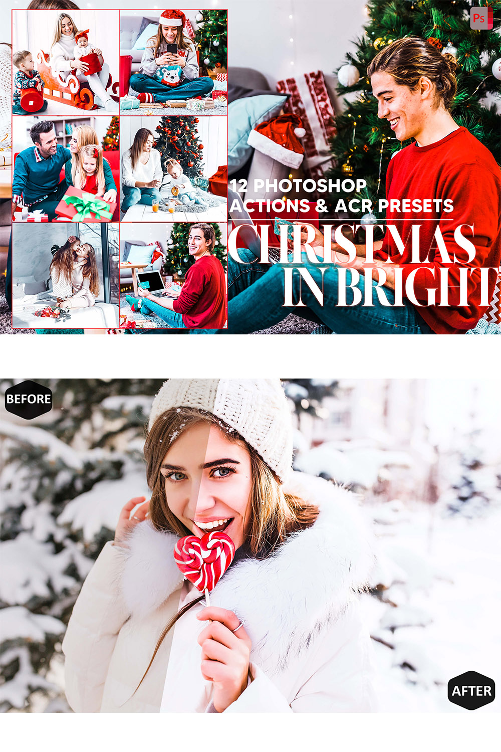 12 Photoshop Actions, Christmas In Bright Ps Action, Xmas ACR Preset, Holiday Ps Filter, Atn Portrait And Lifestyle Theme Instagram, Blogger pinterest preview image.