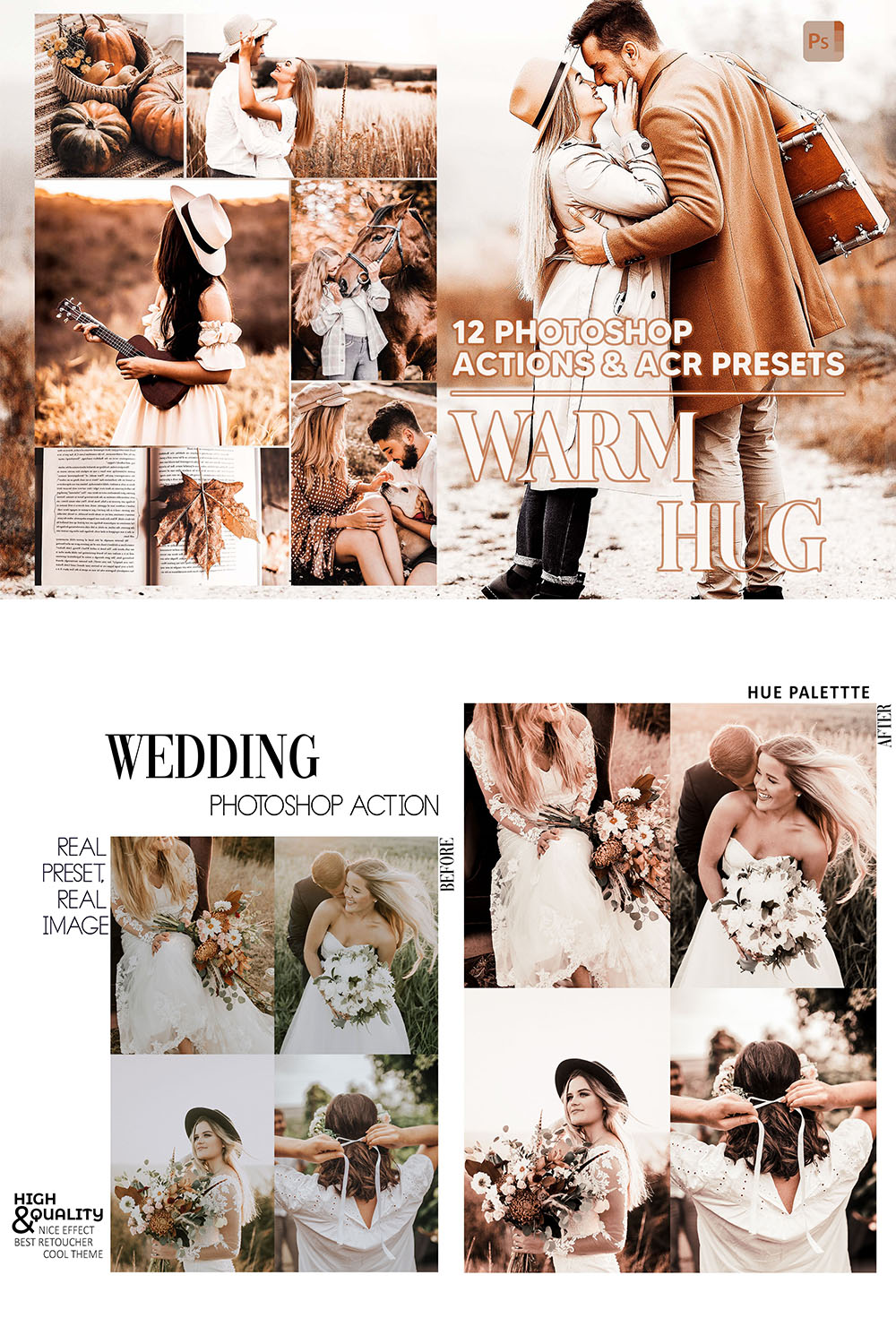 12 Photoshop Actions, Warm Hug Ps Action, Love ACR Preset, Autumn Ps Filter, Atn Portrait And Lifestyle Theme For Instagram, Blogger pinterest preview image.