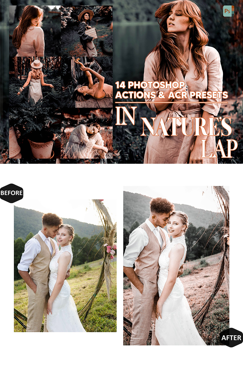 14 Photoshop Actions, In Nature’s Lap Ps Action, Moody ACR Preset, Warm Ps Filter, Atn Portrait And Lifestyle Theme For Instagram, Blogger pinterest preview image.