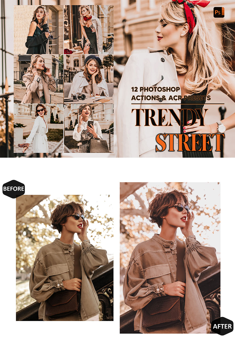 12 Photoshop Actions, Trendy Street Ps Action, Model Style ACR Preset, Matte Ps Filter, Atn Portrait And Lifestyle Theme Instagram Blogger pinterest preview image.