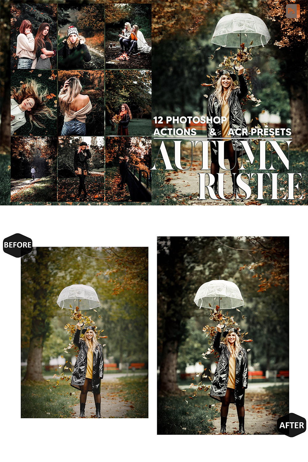12 Photoshop Actions, Autumn Rustle Ps Action, Leaves ACR Editing, Moody Ps Filter, Atn Portrait And style Theme For Instagram, Blogger pinterest preview image.