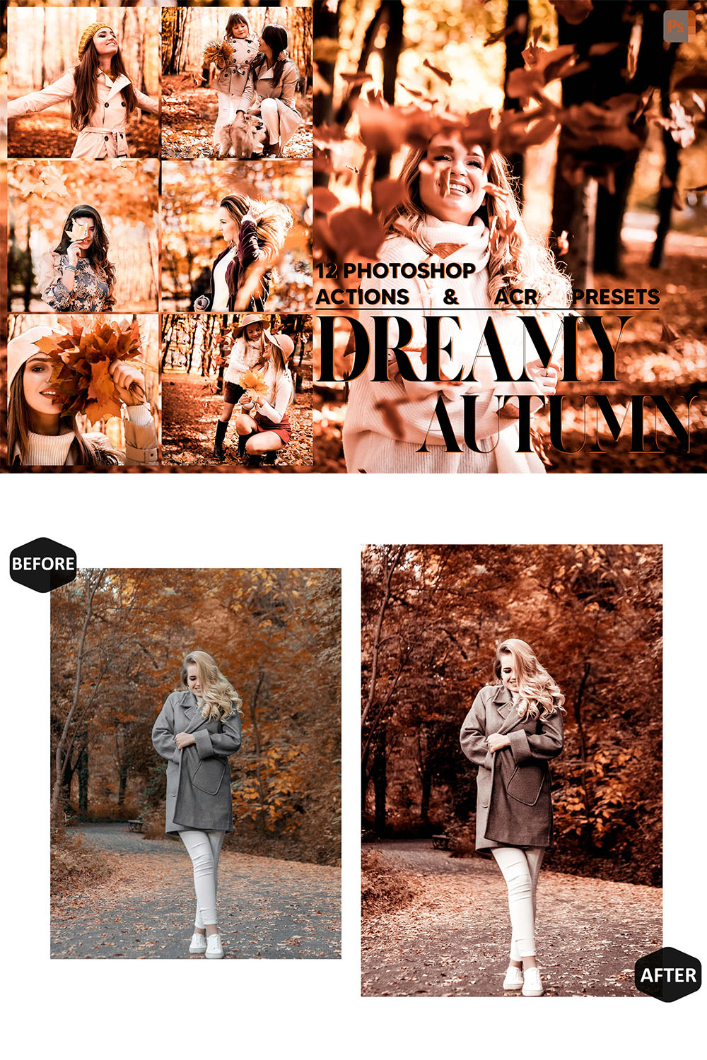 12 Photoshop Actions, Dreamy Autumn Ps Action, Orange ACR Preset, Glamour Ps Filter, Atn Portrait And Lifestyle Theme For Instagram, Blogger pinterest preview image.