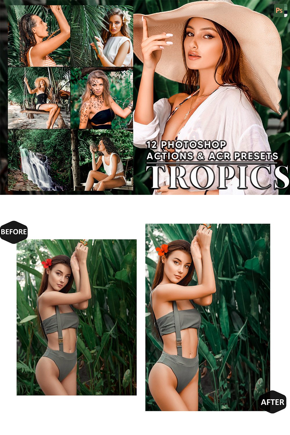 12 Photoshop Actions, Tropics Ps Action, Tropical Wonder ACR Preset, Jungle Ps Filter, Atn Portrait And Lifestyle Theme For Instagram, Blogger pinterest preview image.