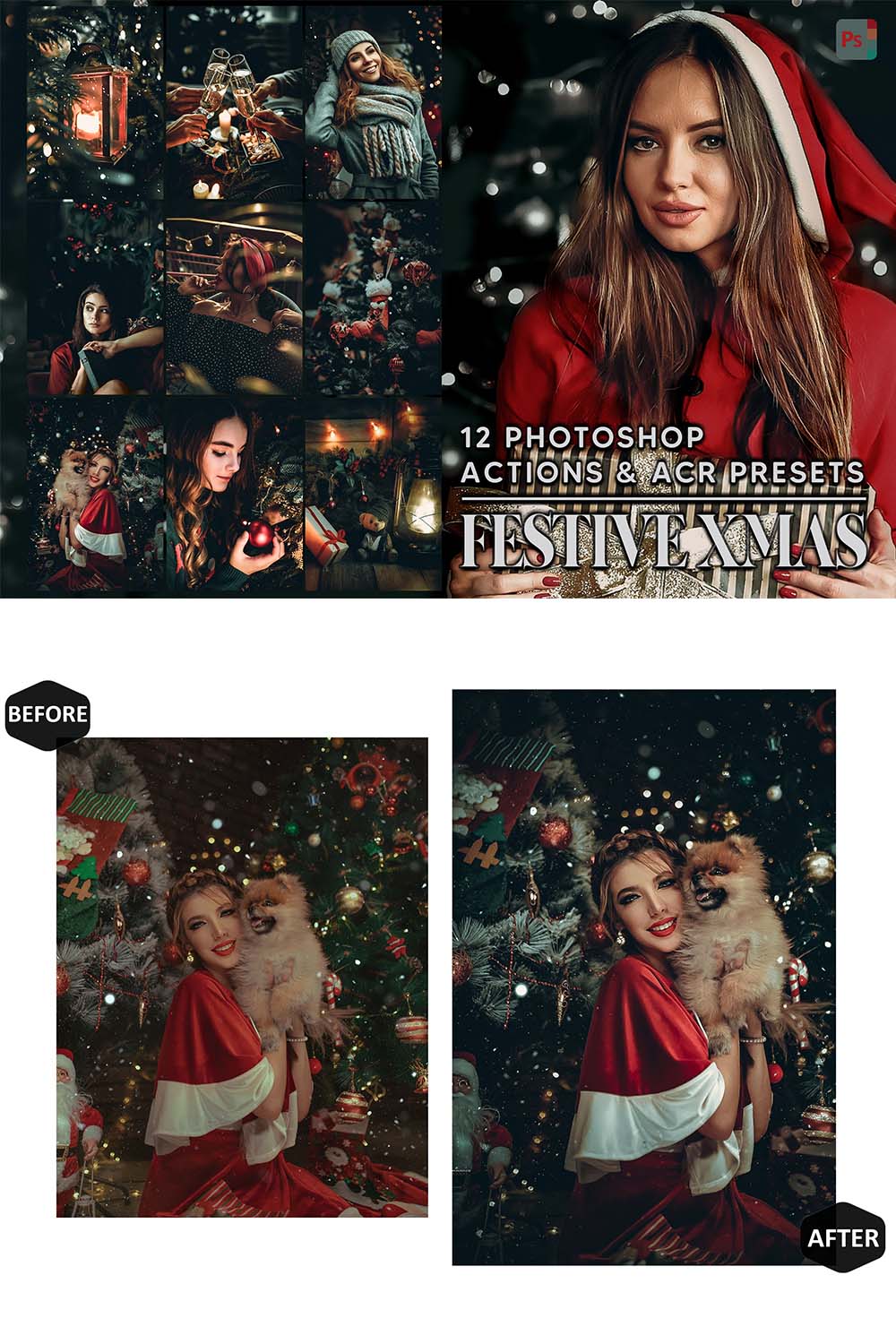 12 Photoshop Actions, Festive Xmas Ps Action, Christmas ACR Preset, Holiday Ps Filter, Atn Portrait And Lifestyle Theme For Instagram, Blogger pinterest preview image.