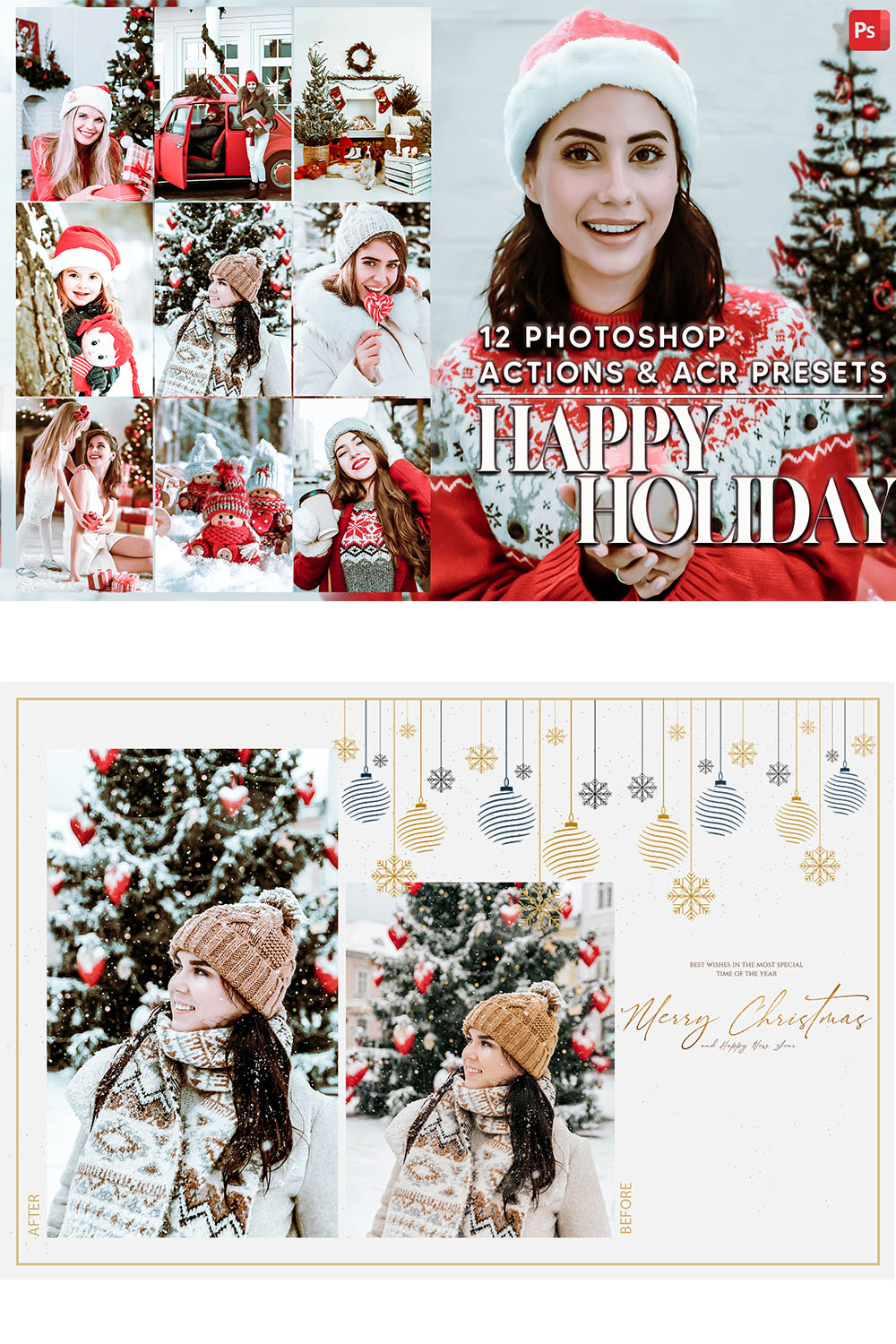12 Photoshop Actions, Happy Holiday Ps Action, Christmas ACR Preset, Xmas Ps Filter, Atn Portrait And Lifestyle Theme For Instagram, Blogger pinterest preview image.