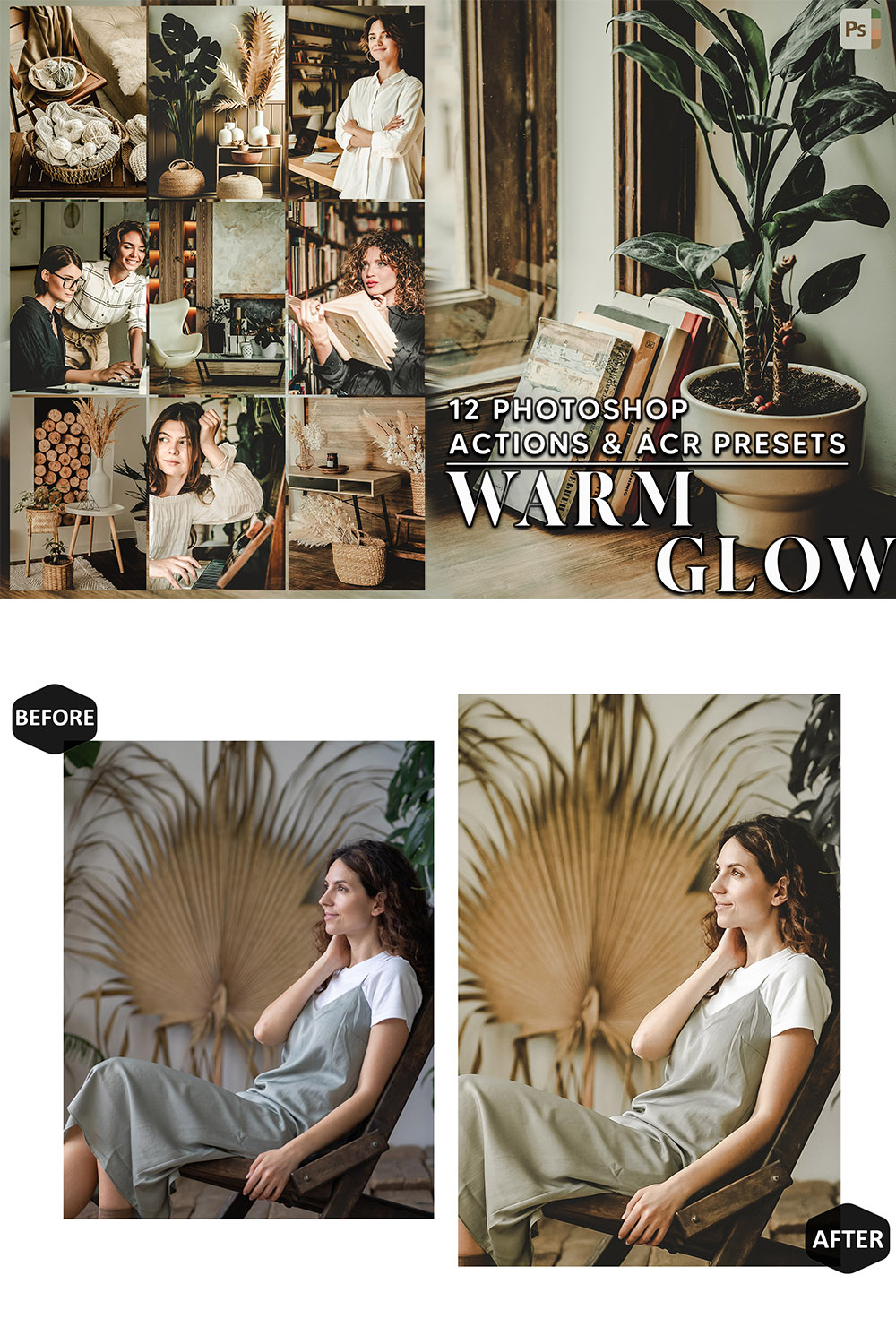 12 Photoshop Actions, Warm Glow Ps Action, Vintage Style ACR Preset, Moody Ps Filter, Atn Portrait And Lifestyle Theme For Instagram, Blogger pinterest preview image.