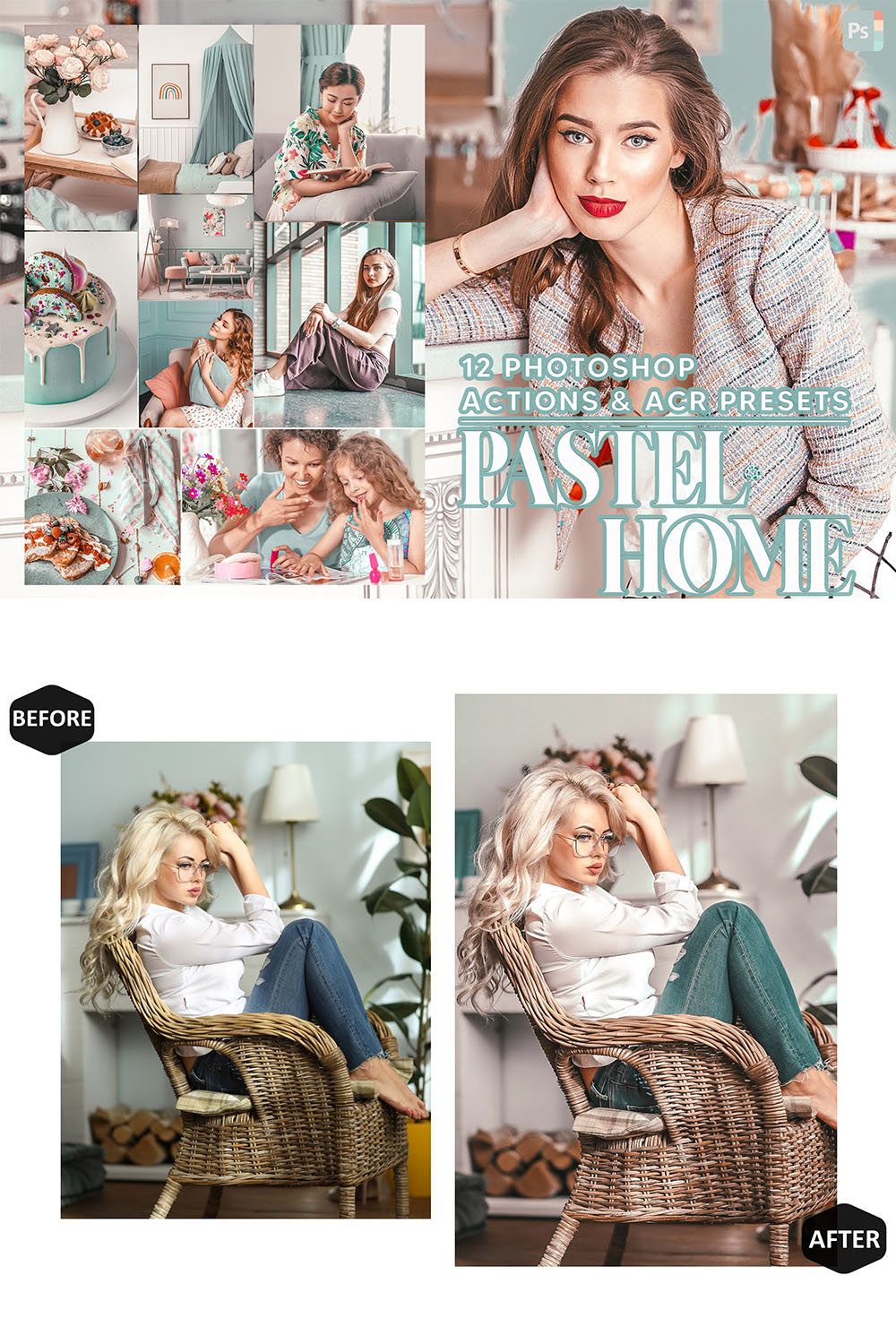 12 Photoshop Actions, Pastel Home Ps Action, Soft Skin ACR Preset, Bright Summer Ps Filter, Atn Portrait And Lifestyle Theme For Instagram, Blogger pinterest preview image.