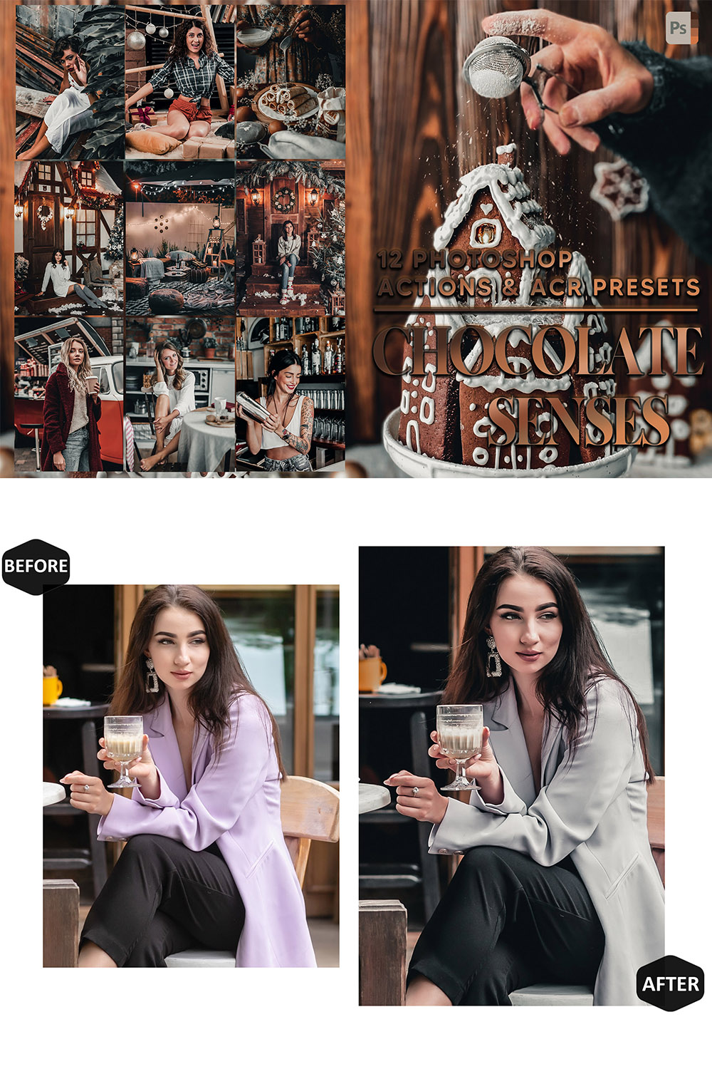 12 Photoshop Actions, Chocolate Senses Ps Action, Brown ACR Preset, Feminine Ps Filter, Atn Portrait And Lifestyle Theme For Instagram, Blogger pinterest preview image.