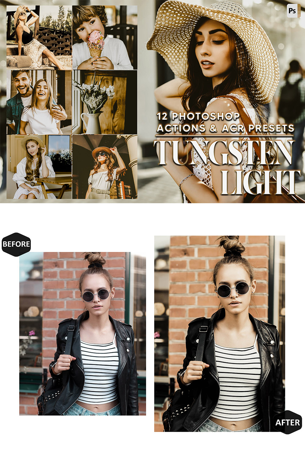 12 Photoshop Actions, Tungsten Light Ps Action, Warm Moody ACR Preset, Summer Ps Filter, Portrait And Lifestyle Theme For Instagram, Blogger pinterest preview image.