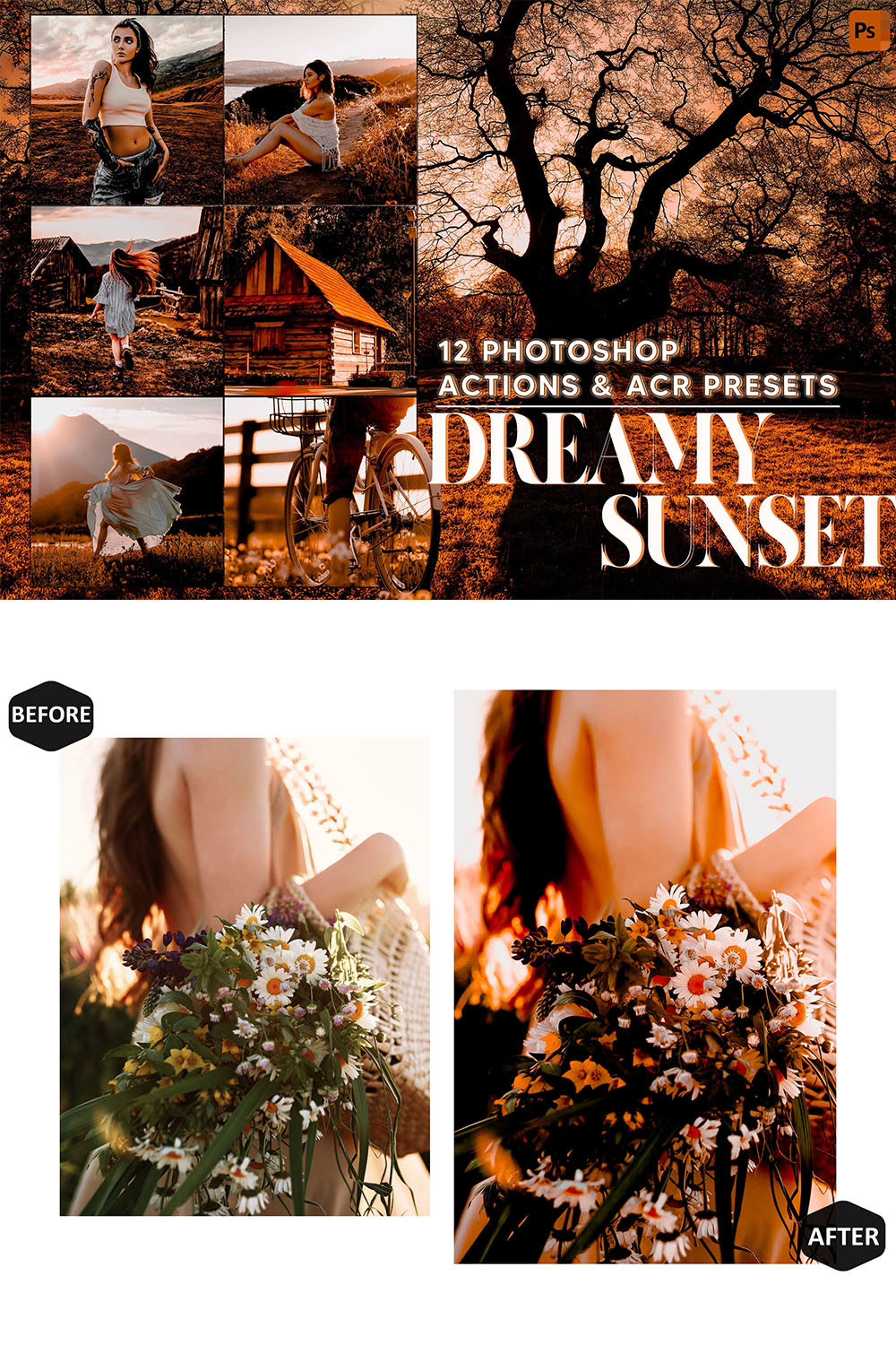 12 Photoshop Actions, Dreamy Sunset Ps Action, Golden ACR Preset, Moody Ps Filter, Atn Portrait And Lifestyle Theme Instagram, Blogger pinterest preview image.