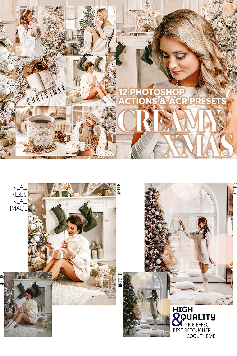 12 Photoshop Actions, Creamy Xmas Ps Action, Christmas ACR Preset, Winter Ps Filter, Atn Portrait And Lifestyle Theme Instagram, Blogger pinterest preview image.