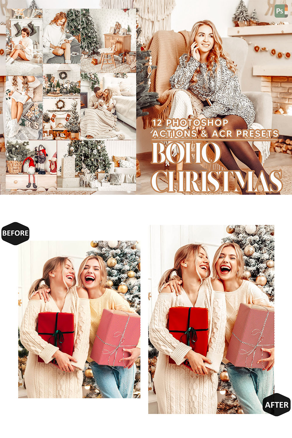 12 Photoshop Actions, Boho Christmas Ps Action, Xmas Bohemian ACR Preset, Holiday Ps Filter, Atn Portrait And Lifestyle Theme For Instagram, Blogger pinterest preview image.