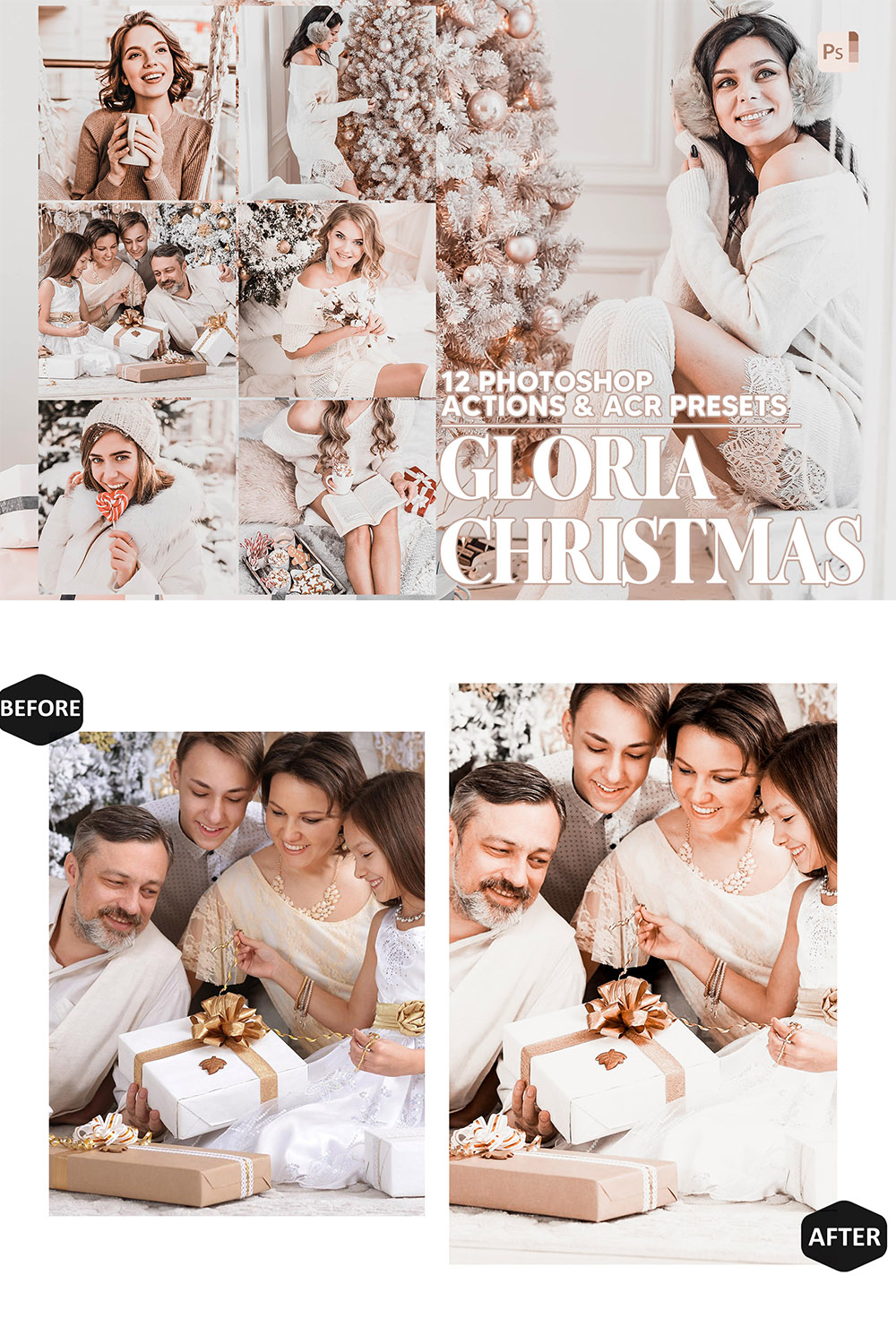 12 Photoshop Actions, Gloria Christmas Ps Action, White ACR Preset, Holiday Ps Filter, Atn Portrait And Lifestyle Theme For Instagram, Blogger pinterest preview image.
