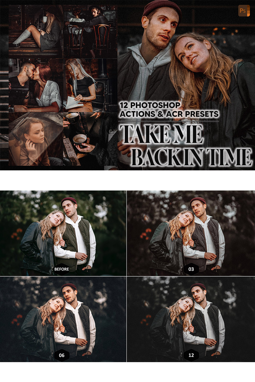 12 Photoshop Actions, Take Me Back In Time Ps Action, Moody ACR Preset Vintage Ps Filter, Atn Portrait And Lifestyle Theme Instagram Blogger pinterest preview image.
