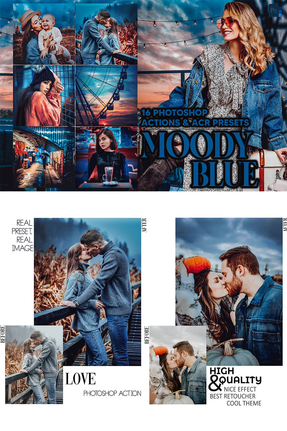 16 Photoshop Actions, Moody Blue Ps Action, Dark Clean ACR Preset, Tint Deep Ps Filter, Atn Portrait And Lifestyle Theme Instagram, Blogger pinterest preview image.