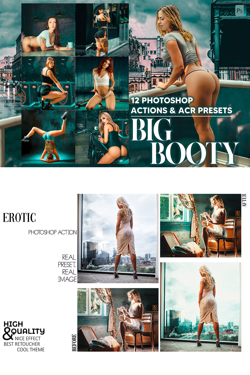 12 Photoshop Actions, Big Booty Ps Action, Girl Summer ACR Preset, Bikini Ps Filter, Atn Portrait And Lifestyle Theme Instagram Blogger Warm pinterest preview image.