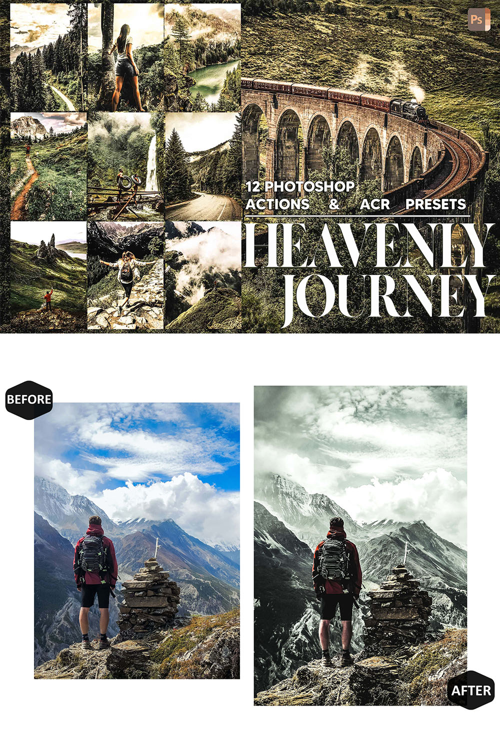 12 Photoshop Actions, Heavenly Journey Ps Action, Light ACR Preset, Moody Ps Filter, Atn Portrait And Best Theme For Instagram, Blogger pinterest preview image.