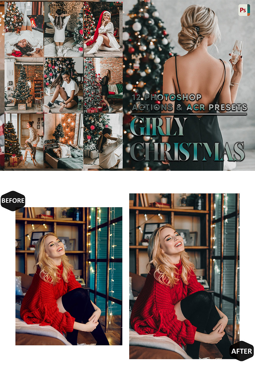 12 Photoshop Actions, Girly Christmas Ps Action, Holiday ACR Preset, Warm Xmas Ps Filter, Atn Portrait And Lifestyle Theme For Instagram, Blogger pinterest preview image.