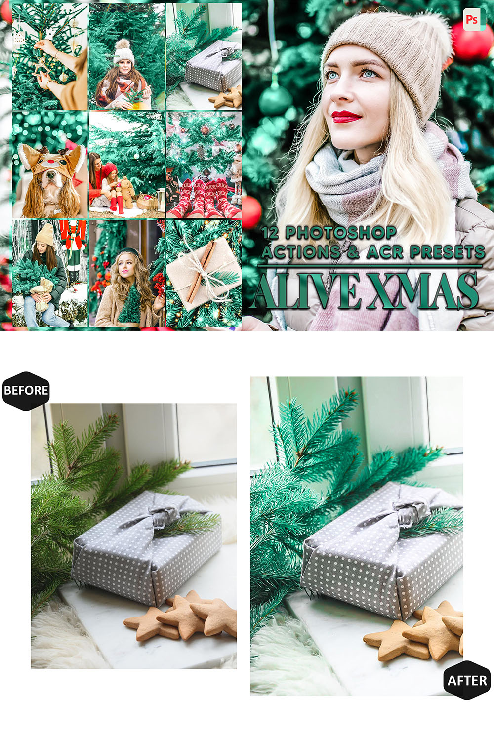 12 Photoshop Actions, Alive Xmas Ps Action, Christmas ACR Preset, Fresh Green Ps Filter, Atn Portrait And Lifestyle Theme For Instagram, Blogger pinterest preview image.