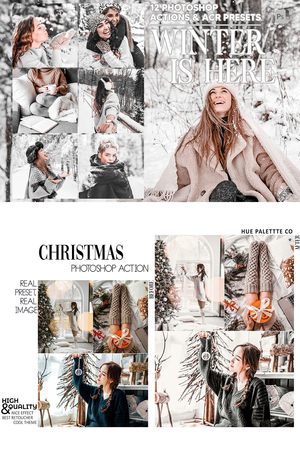 12 Photoshop Actions, Winter Is Here Ps Action, Clean ACR Preset, Christmas Ps Filter, Atn Portrait And Lifestyle Theme For Instagram, Blogger pinterest preview image.
