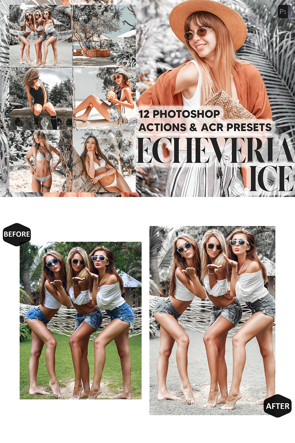 12 Photoshop Actions, Echeveria Ice Ps Action, Grey Green ACR Preset, Spring Ps Filter, Atn Portrait And Lifestyle Theme Instagram, Blogger pinterest preview image.