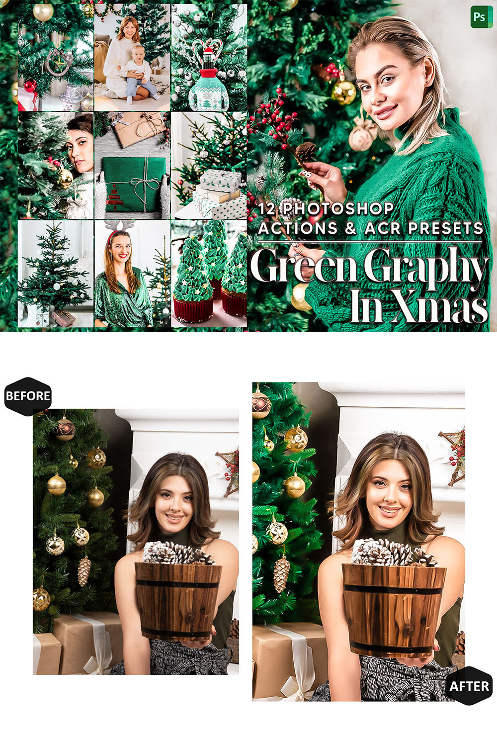12 Photoshop Actions, Green Graphy In Xmas Ps Action, Bright ACR Preset, Vibrant Ps Filter, Atn Portrait And Lifestyle Theme For Instagram, Blogger pinterest preview image.