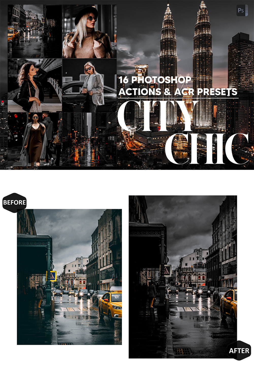 16 Photoshop Actions, City Chic Ps Action, Moody Urban ACR Preset, Town Ps Filter, Atn Portrait And Lifestyle Theme For Instagram, Blogger pinterest preview image.