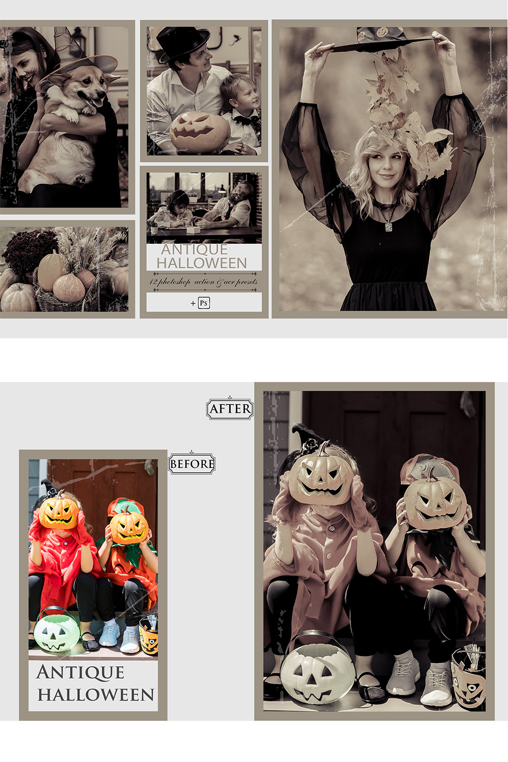 12 Photoshop Actions, Antique Halloween Ps Action, Vintage Moody ACR Preset, Autumn Ps Filter, Portrait And Lifestyle Theme For Instagram, Blogger pinterest preview image.