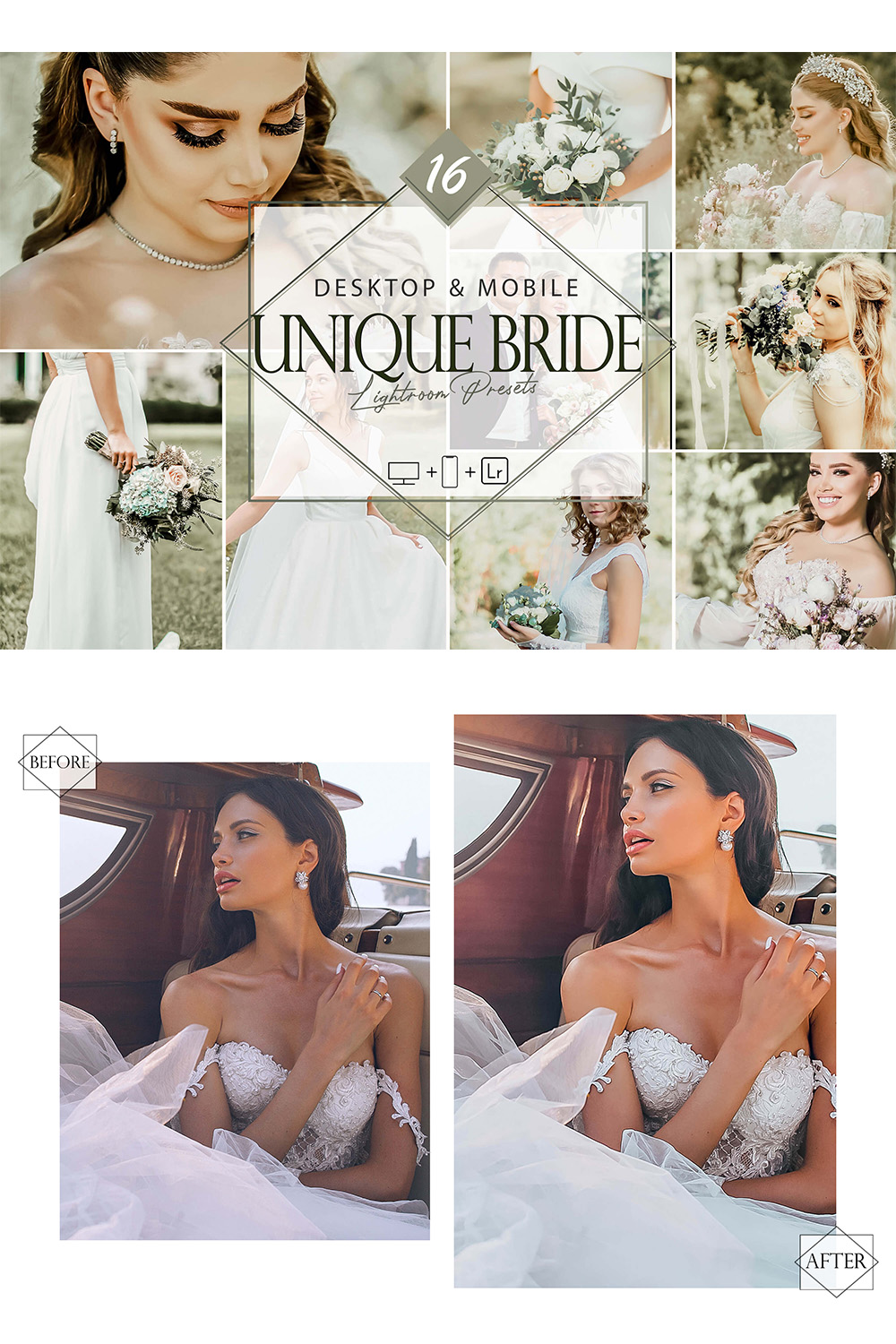 16 Unique Bride Lightroom Presets, Wedding Mobile Preset, Engagement Bright Desktop LR Filter DNG Portrait Lifestyle Theme Blogger Instagram pinterest preview image.